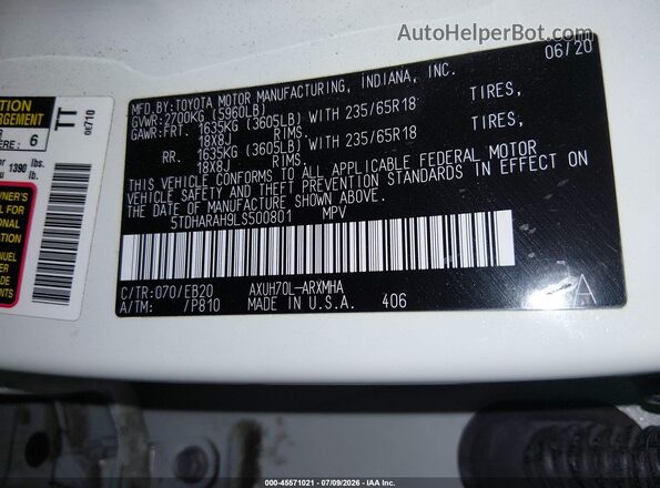 5TDHARAH9LS500801 2020 TOYOTA HIGHLANDER Cream Engine compartment view