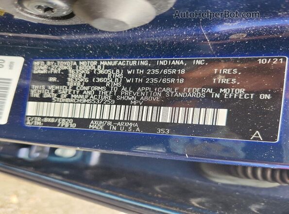 5TDHBRCH9MS537259 2021 TOYOTA HIGHLANDER Blue VIN կոդի պիտակի տեսք