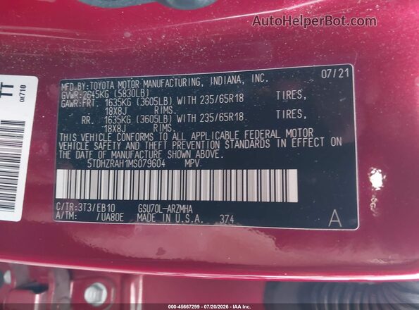 5TDHZRAH1MS079604 2021 TOYOTA HIGHLANDER Red Vista del compartimento del motor