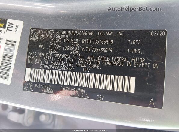 5TDHZRAH5LS009487 2020 TOYOTA HIGHLANDER Синий Вид подкапотного пространства