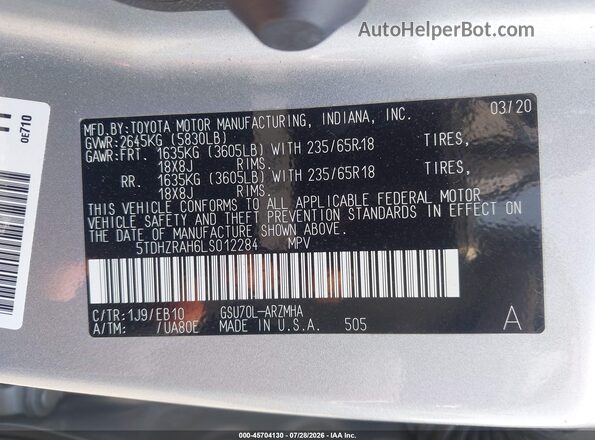 5TDHZRAH6LS012284 2020 TOYOTA HIGHLANDER Silver Vista del compartimento del motor