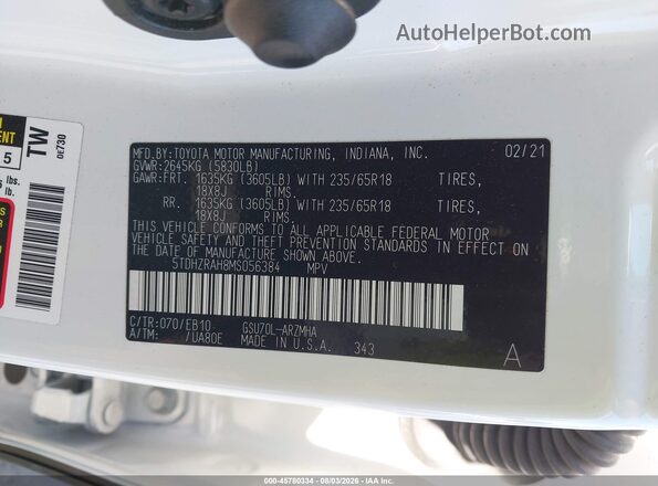 5TDHZRAH8MS056384 2021 TOYOTA HIGHLANDER White ძრავის განყოფილების ხედი