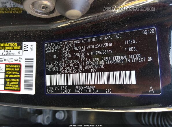 5TDHZRBH6LS513609 2020 TOYOTA HIGHLANDER Black ძრავის განყოფილების ხედი
