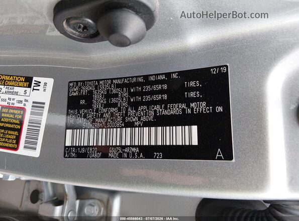 5TDHZRBH7LS000854 2020 TOYOTA HIGHLANDER Silver Widok komory silnika
