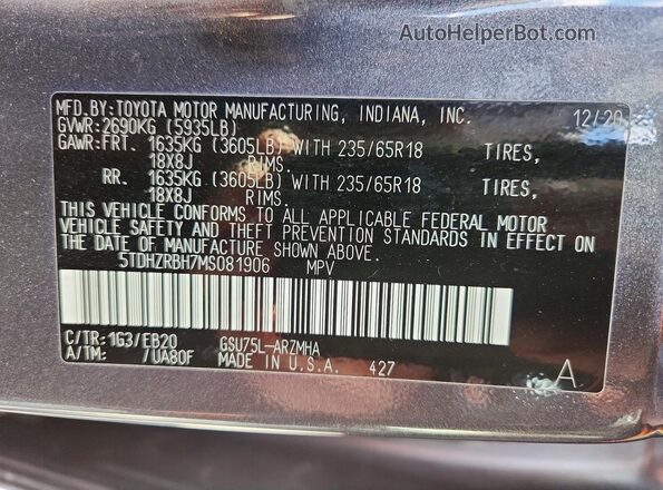 5TDHZRBH7MS081906 2021 TOYOTA HIGHLANDER Gray VIN კოდის სტიკერის ხედი