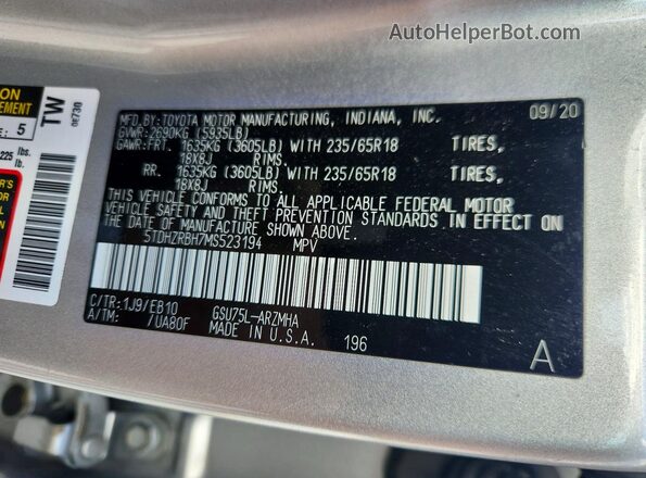 5TDHZRBH7MS523194 2021 TOYOTA HIGHLANDER Silver Vista de la etiqueta del VIN