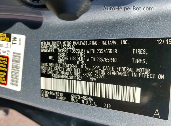 5TDHZRBHXLS001402 2020 TOYOTA HIGHLANDER Blue Widok naklejki z numerem VIN