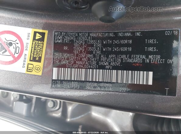 5TDJGRFH4JS044051 2018 TOYOTA HIGHLANDER HYBRID Gray ძრავის განყოფილების ხედი