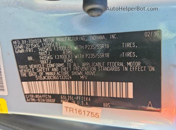 5TDJK3DC9GS132024 2016 TOYOTA SIENNA Blue VIN sticker view