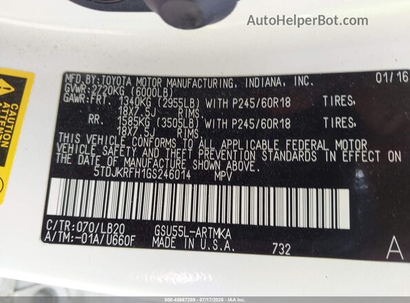 5TDJKRFH1GS246014 2016 TOYOTA HIGHLANDER Белый Вид подкапотного пространства