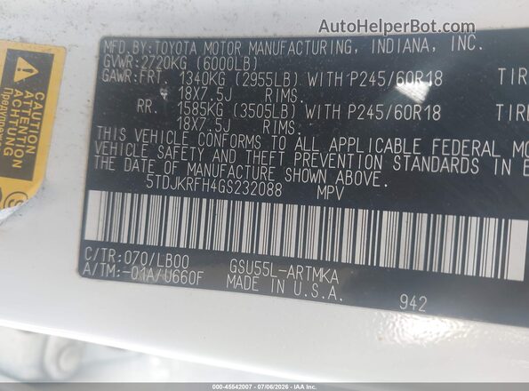 5TDJKRFH4GS232088 2016 TOYOTA HIGHLANDER White Vista del compartimento del motor