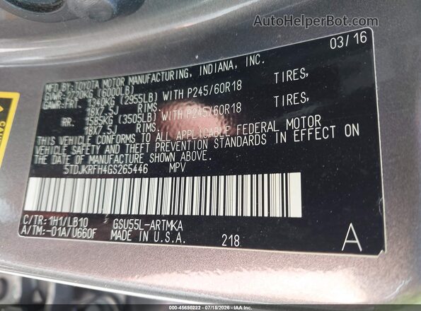5TDJKRFH4GS265446 2016 TOYOTA HIGHLANDER Gray Вид підкапотного простору