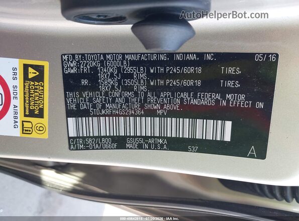 5TDJKRFH4GS294364 2016 TOYOTA HIGHLANDER Gold ძრავის განყოფილების ხედი