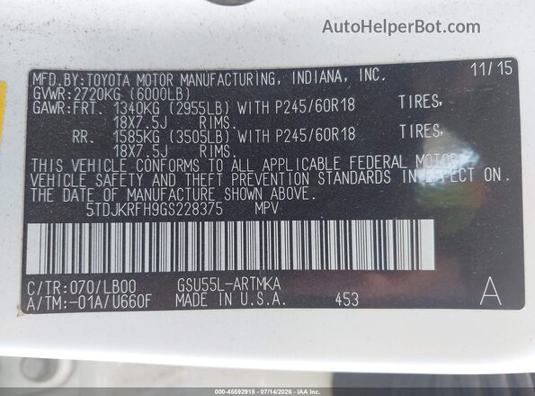 5TDJKRFH9GS228375 2016 TOYOTA HIGHLANDER White Вид підкапотного простору