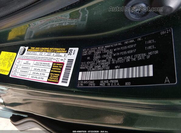 5TDJRKEC0MS071100 2021 TOYOTA SIENNA Green ძრავის განყოფილების ხედი