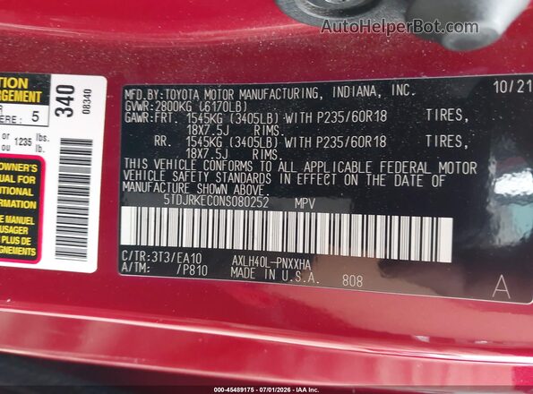 5TDJRKEC0NS080252 2022 TOYOTA SIENNA Красный Вид подкапотного пространства