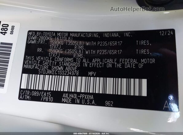5TDJRKEC1SS234978 2025 TOYOTA SIENNA White ძრავის განყოფილების ხედი