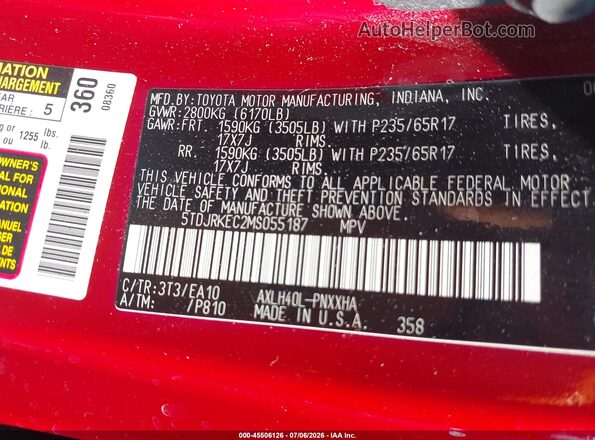 5TDJRKEC2MS055187 2021 TOYOTA SIENNA Red Вид підкапотного простору