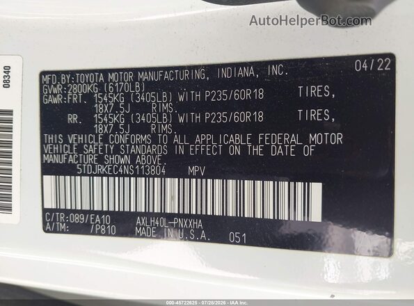 5TDJRKEC4NS113804 2022 TOYOTA SIENNA Белый Вид подкапотного пространства