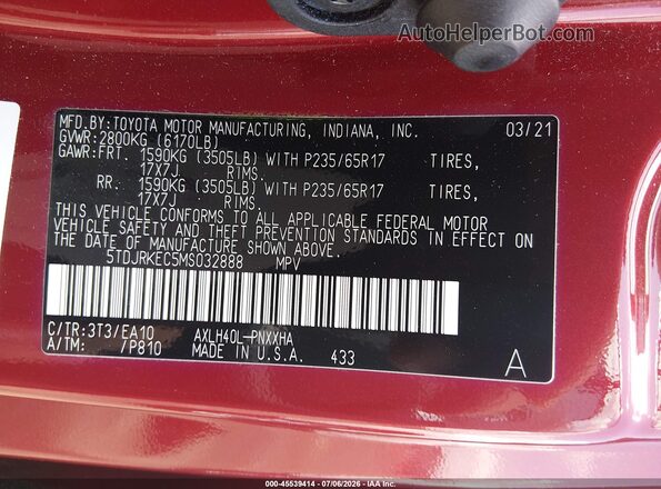 5TDJRKEC5MS032888 2021 TOYOTA SIENNA Red Շարժիչի բաժամունքի տեսք