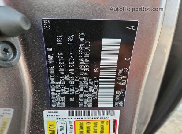 5TDJRKEC8NS123042 2022 TOYOTA SIENNA Gray სალონის 360-გრადუსიანი ხედი