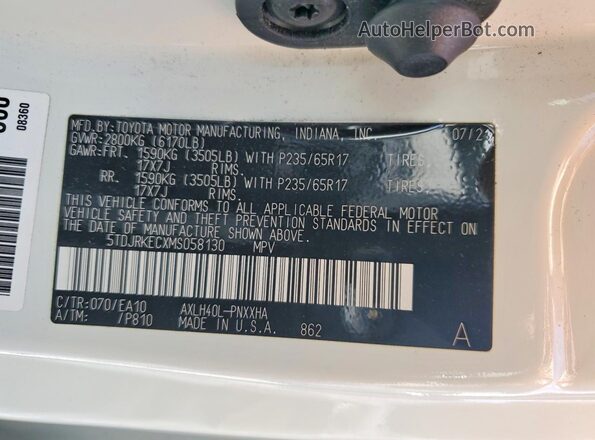 5TDJRKECXMS058130 2021 TOYOTA SIENNA White Вид наклейки з VIN-кодом