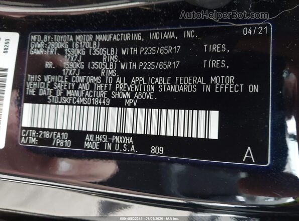 5TDJSKFC4MS018449 2021 TOYOTA SIENNA Black Widok komory silnika
