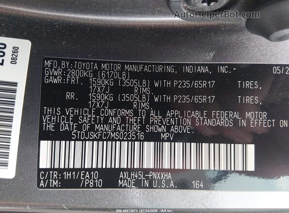 5TDJSKFC7MS023516 2021 TOYOTA SIENNA Gray ძრავის განყოფილების ხედი