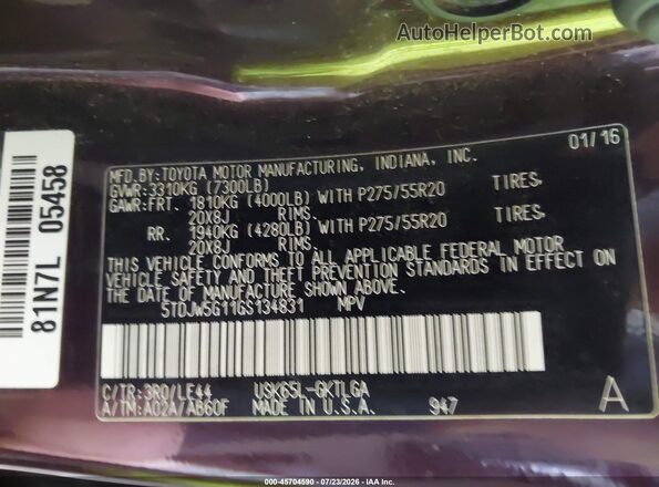 5TDJW5G11GS134831 2016 TOYOTA SEQUOIA Burgundy Вид підкапотного простору