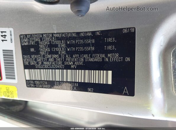 5TDJZ3DC3JS204922 2018 TOYOTA SIENNA Silver Вид підкапотного простору