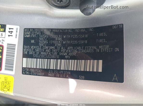 5TDJZ3DC3JS206010 2018 TOYOTA SIENNA Gray Вид підкапотного простору