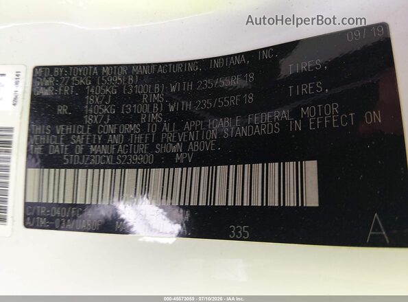 5TDJZ3DCXLS239900 2020 TOYOTA SIENNA Белый Вид подкапотного пространства