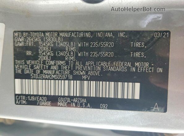 5TDJZRAH2MS059718 2021 TOYOTA HIGHLANDER Silver VIN sticker view