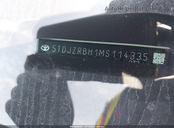 5TDJZRBH1MS114335 2021 TOYOTA HIGHLANDER White 