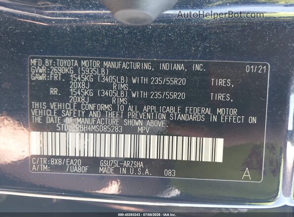 5TDJZRBH4MS085283 2021 TOYOTA HIGHLANDER Blue ძრავის განყოფილების ხედი
