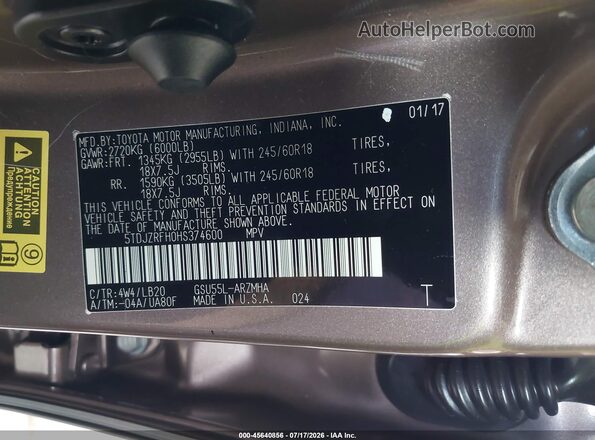 5TDJZRFH0HS374600 2017 TOYOTA HIGHLANDER Brown Widok komory silnika