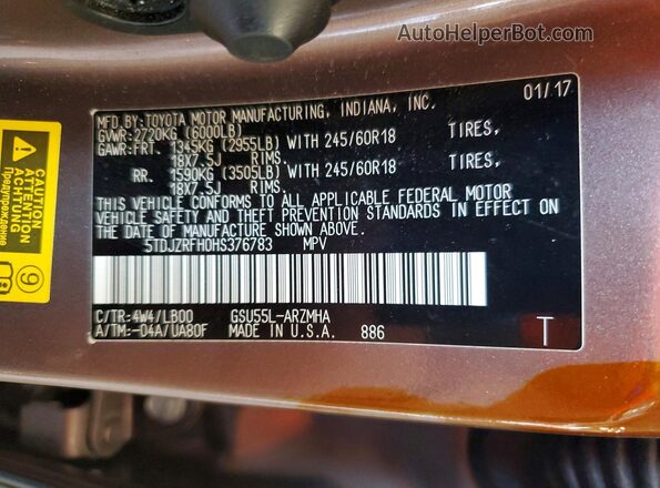 5TDJZRFH0HS376783 2017 TOYOTA HIGHLANDER Желто-коричневый Панорамный вид салона 360°