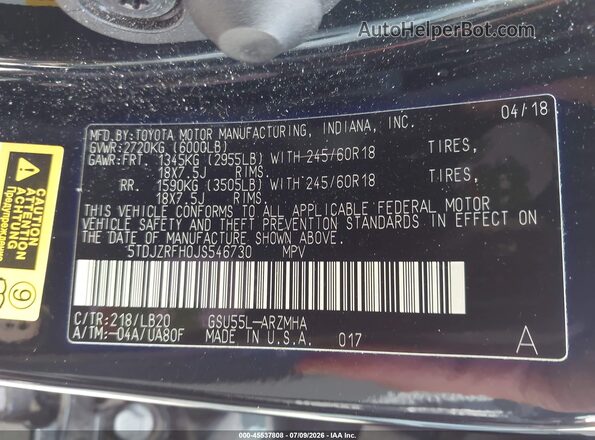 5TDJZRFH0JS546730 2018 TOYOTA HIGHLANDER Black Вид підкапотного простору