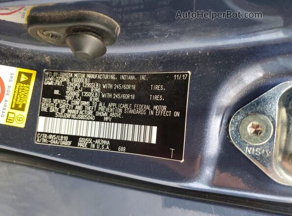 5TDJZRFH0JS805040 2018 TOYOTA HIGHLANDER Blue Vista de la etiqueta del VIN