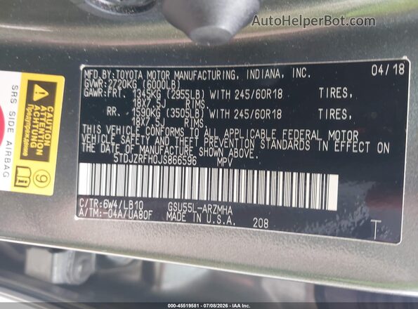 5TDJZRFH0JS866596 2018 TOYOTA HIGHLANDER Green Widok komory silnika