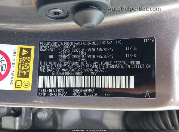 5TDJZRFH0KS628801 2019 TOYOTA HIGHLANDER Gray Շարժիչի բաժամունքի տեսք