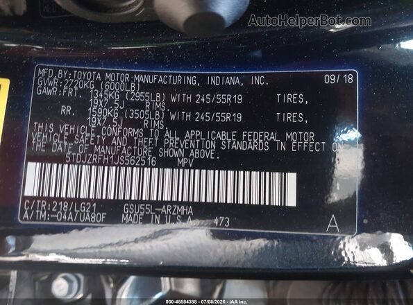 5TDJZRFH1JS562516 2018 TOYOTA HIGHLANDER Black Engine compartment view