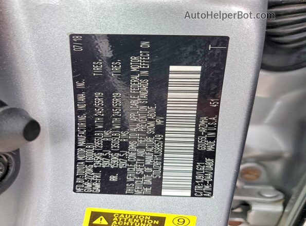5TDJZRFH1JS895749 2018 TOYOTA HIGHLANDER Silver VIN კოდის სტიკერის ხედი