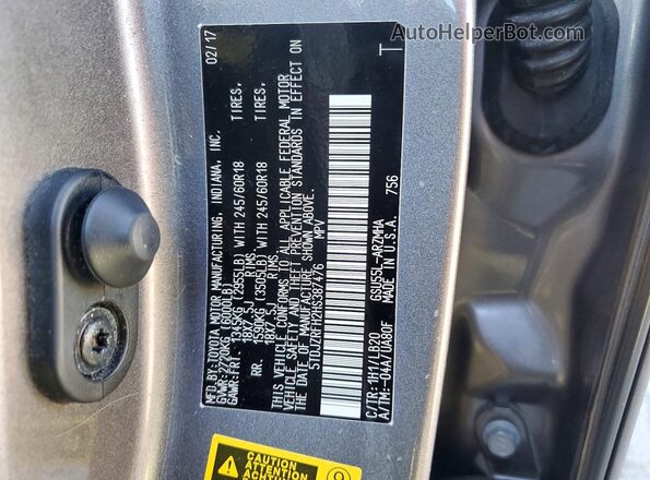 5TDJZRFH2HS387476 2017 TOYOTA HIGHLANDER Gray Вид наклейки з VIN-кодом