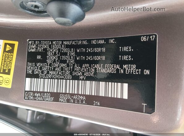 5TDJZRFH2HS443089 2017 TOYOTA HIGHLANDER  Widok komory silnika