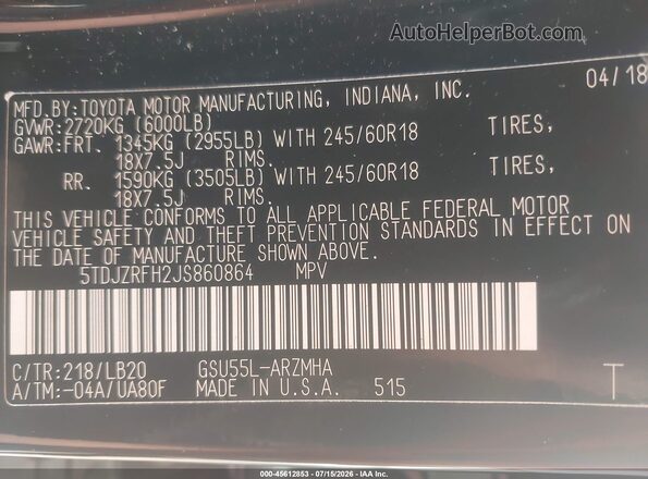 5TDJZRFH2JS860864 2018 TOYOTA HIGHLANDER Black Vista del compartimento del motor