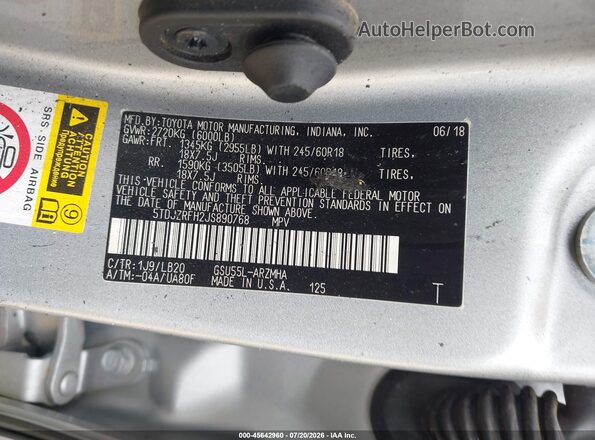 5TDJZRFH2JS890768 2018 TOYOTA HIGHLANDER Silver Вид підкапотного простору