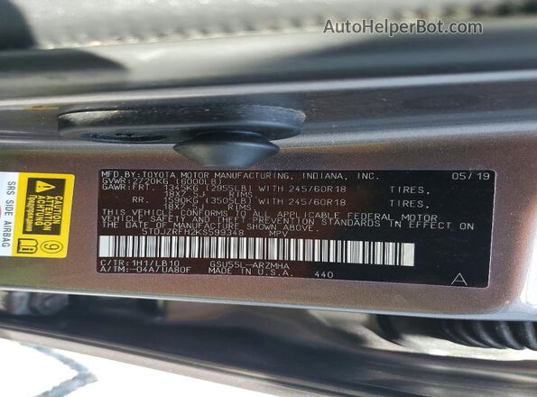 5TDJZRFH2KS599348 2019 TOYOTA HIGHLANDER Gray VIN sticker view