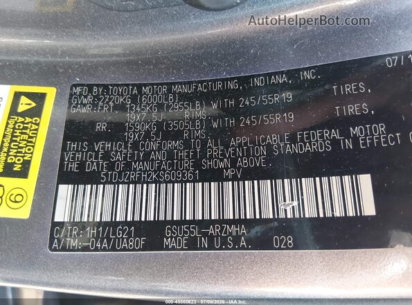 5TDJZRFH2KS609361 2019 TOYOTA HIGHLANDER Серый Вид подкапотного пространства