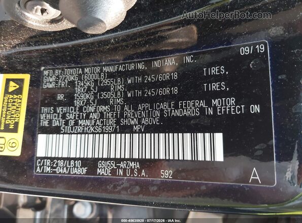 5TDJZRFH2KS619971 2019 TOYOTA HIGHLANDER Black Widok komory silnika